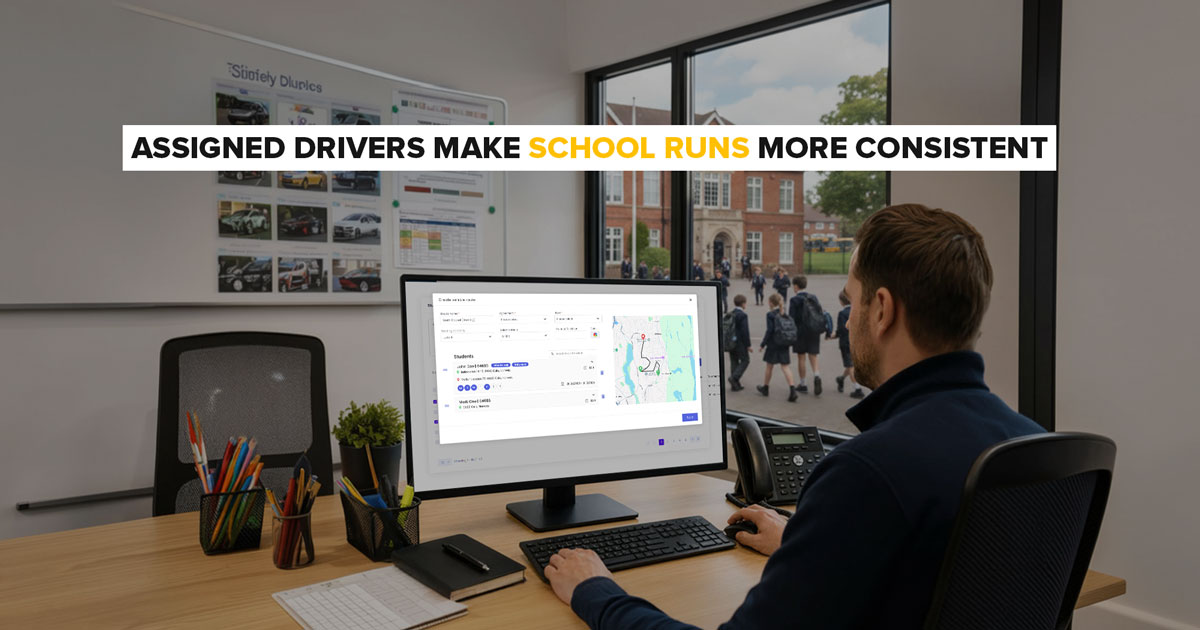 Taxi outside a school with dispatch software dashboard supporting compliant school run management.