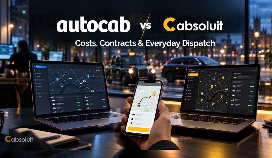 Autocab vs Cabsoluit costs, contracts and dispatch comparison with dashboard mockups and a mobile booking screen.