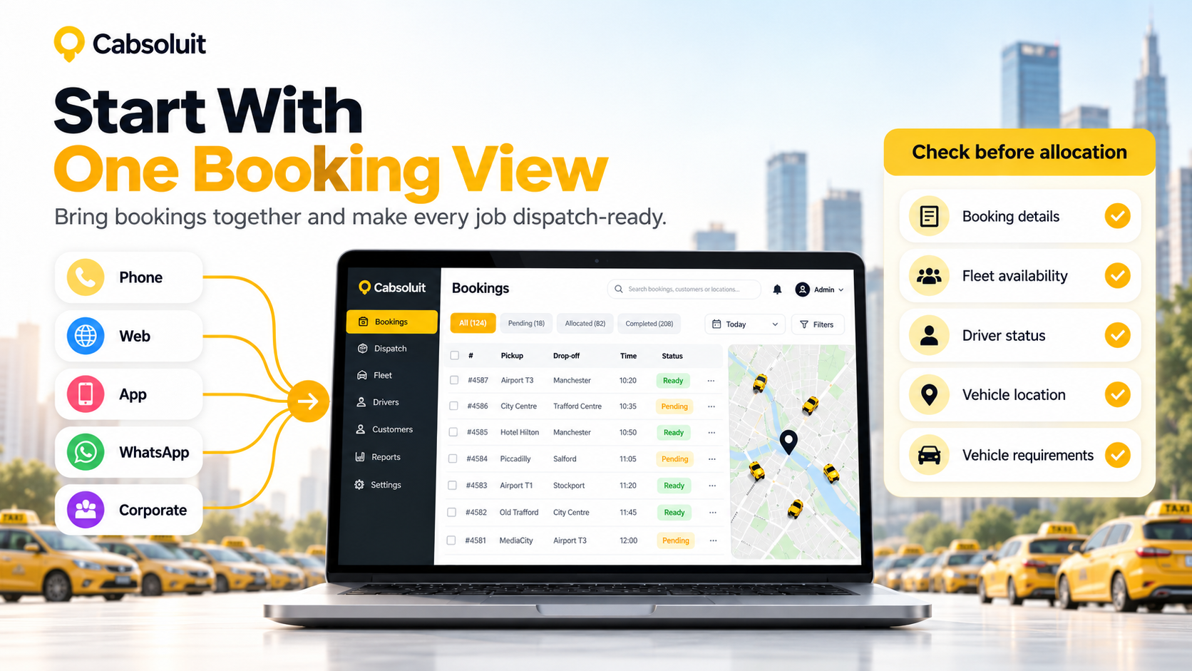 Cabsoluit unified booking dashboard combining phone, web, app, WhatsApp and corporate bookings with driver availability checks.