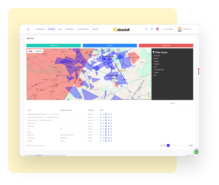 Cabsoluit multi-city taxi dispatch software zone management dashboard