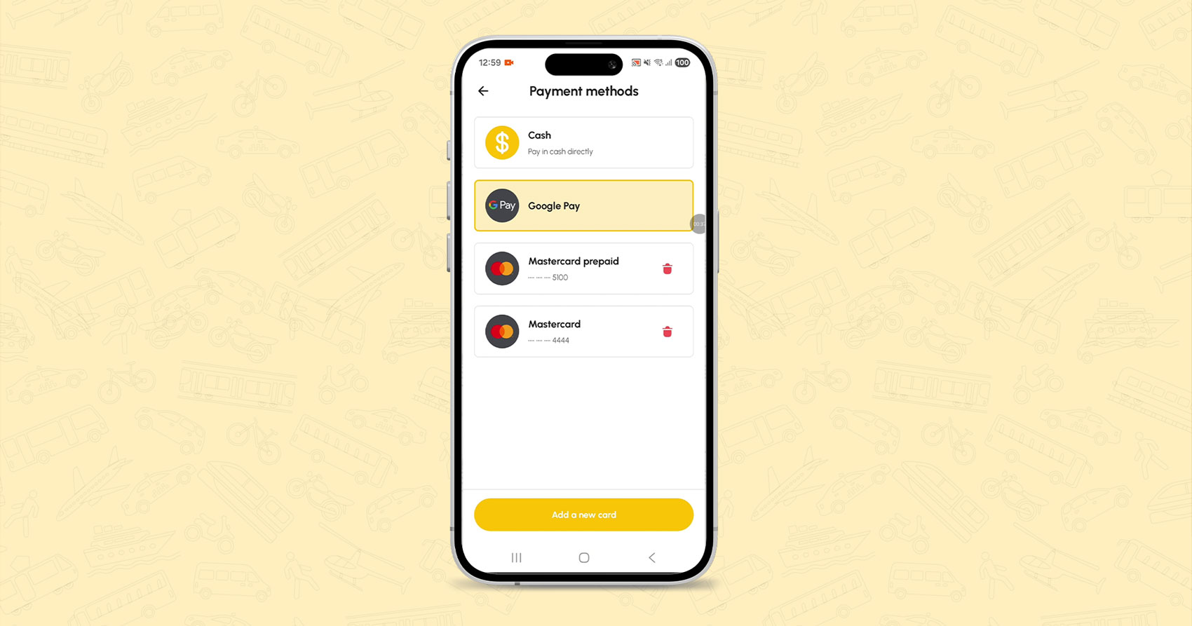 Google Pay selected as a payment method in the Cabsoluit Passenger App