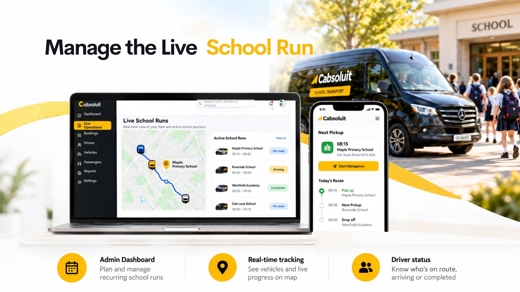 Cabsoluit live school run management dashboard showing real-time vehicle tracking, driver status and school transport.