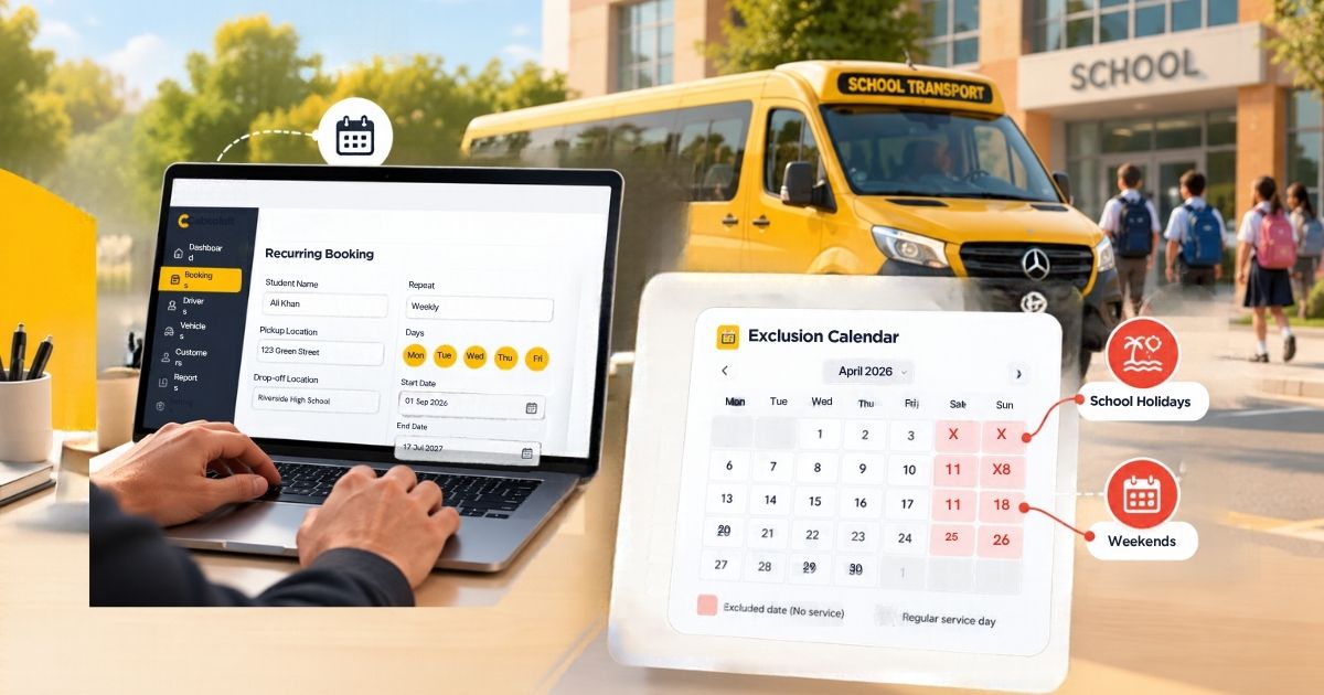 Cabsoluit Exclusion Calendar showing school holiday dates, excluded weekends and recurring school transport bookings.