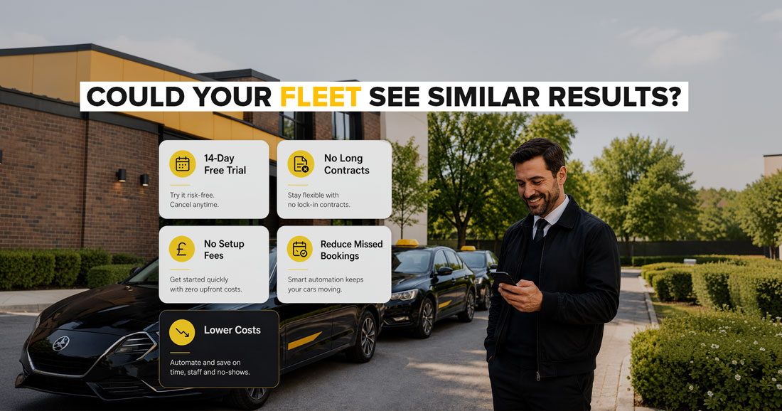 Taxi fleet owner using Cabsoluit dispatch software showing 14-day free trial, no contracts, no setup fees and reduced missed bookings benefits. 