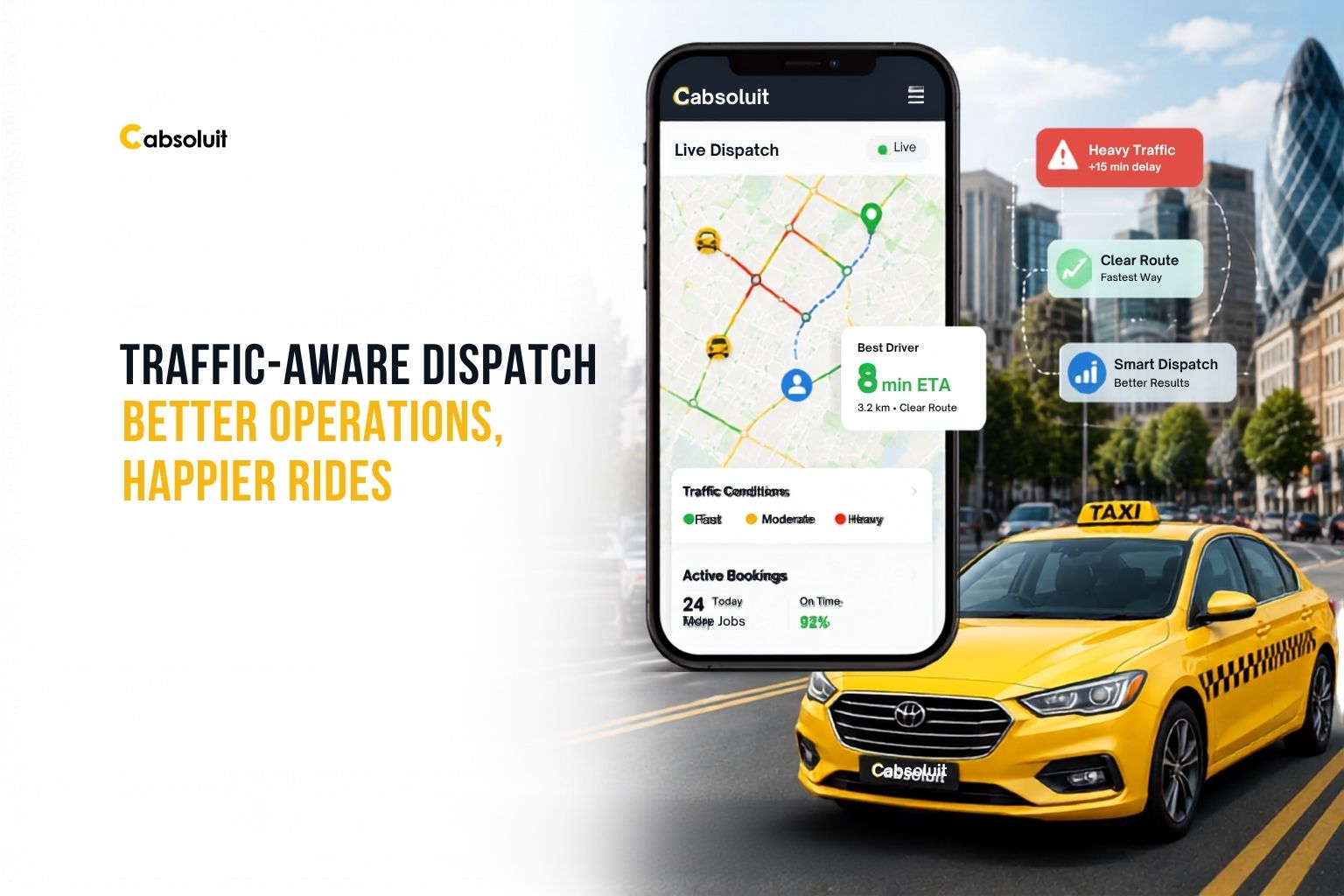Taxi dispatch software using real-time traffic data for driver assignment and fleet management