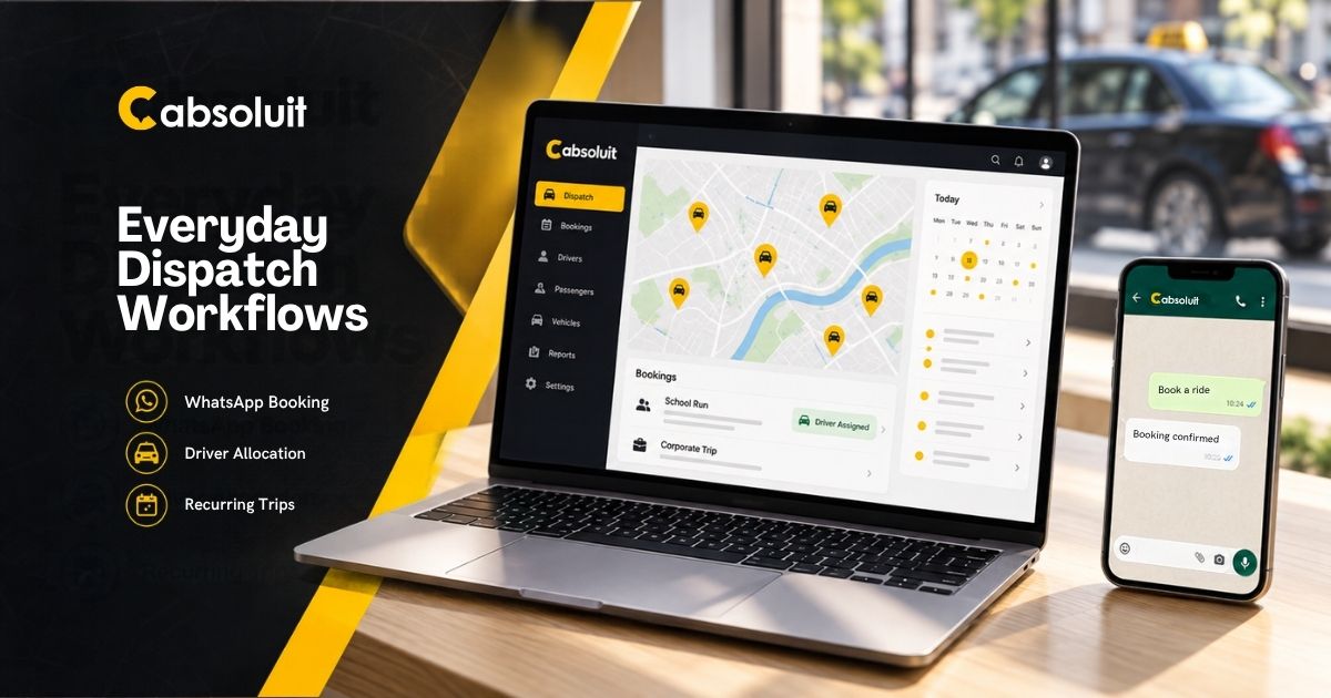 1. Cabsoluit workflow illustration showing WhatsApp booking, driver allocation, school runs and recurring trips.