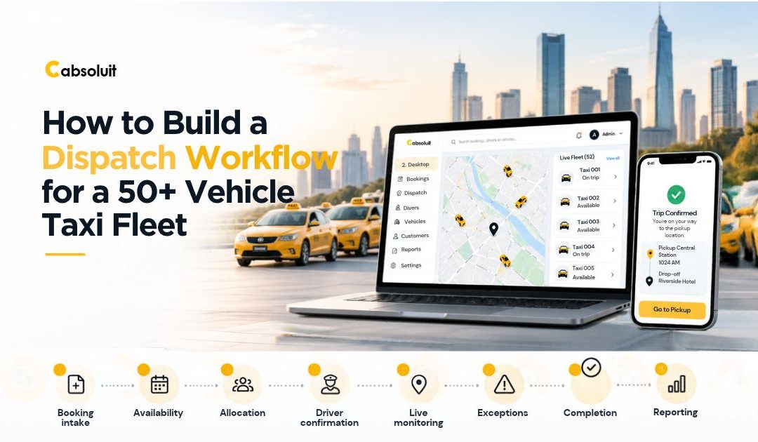 Cabsoluit taxi dispatch workflow for 50+ vehicles showing booking intake, driver allocation, live tracking and reporting.