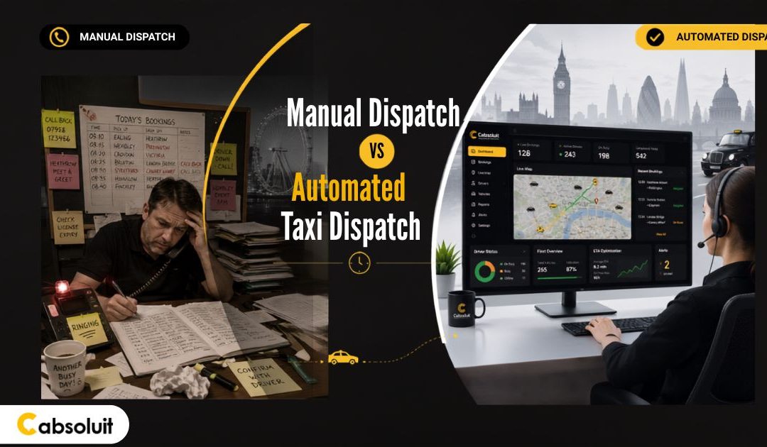Manual dispatch vs automated taxi dispatch software comparison showing time savings for UK taxi operators.