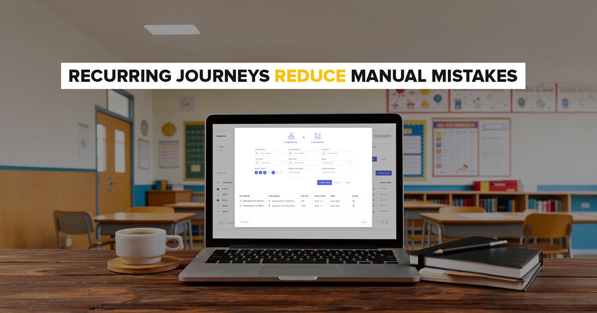 Laptop showing school run dispatch software in a classroom setting to manage recurring taxi journeys. 