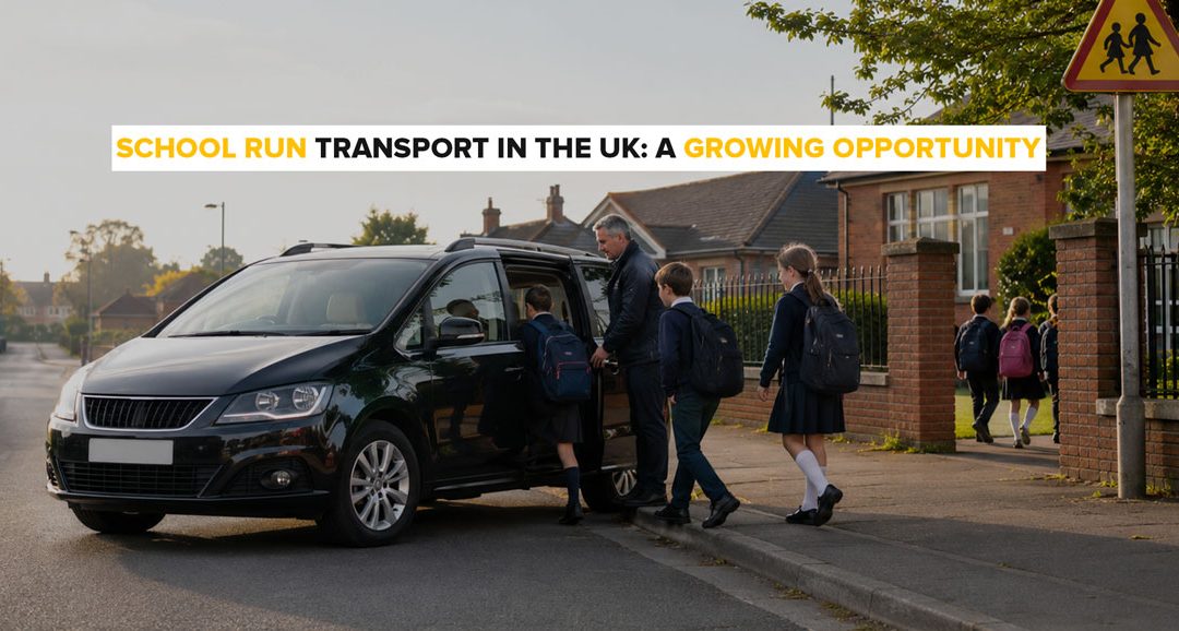 Licensed Taxi driver helping school children board private hire vehicle outside school in UK.