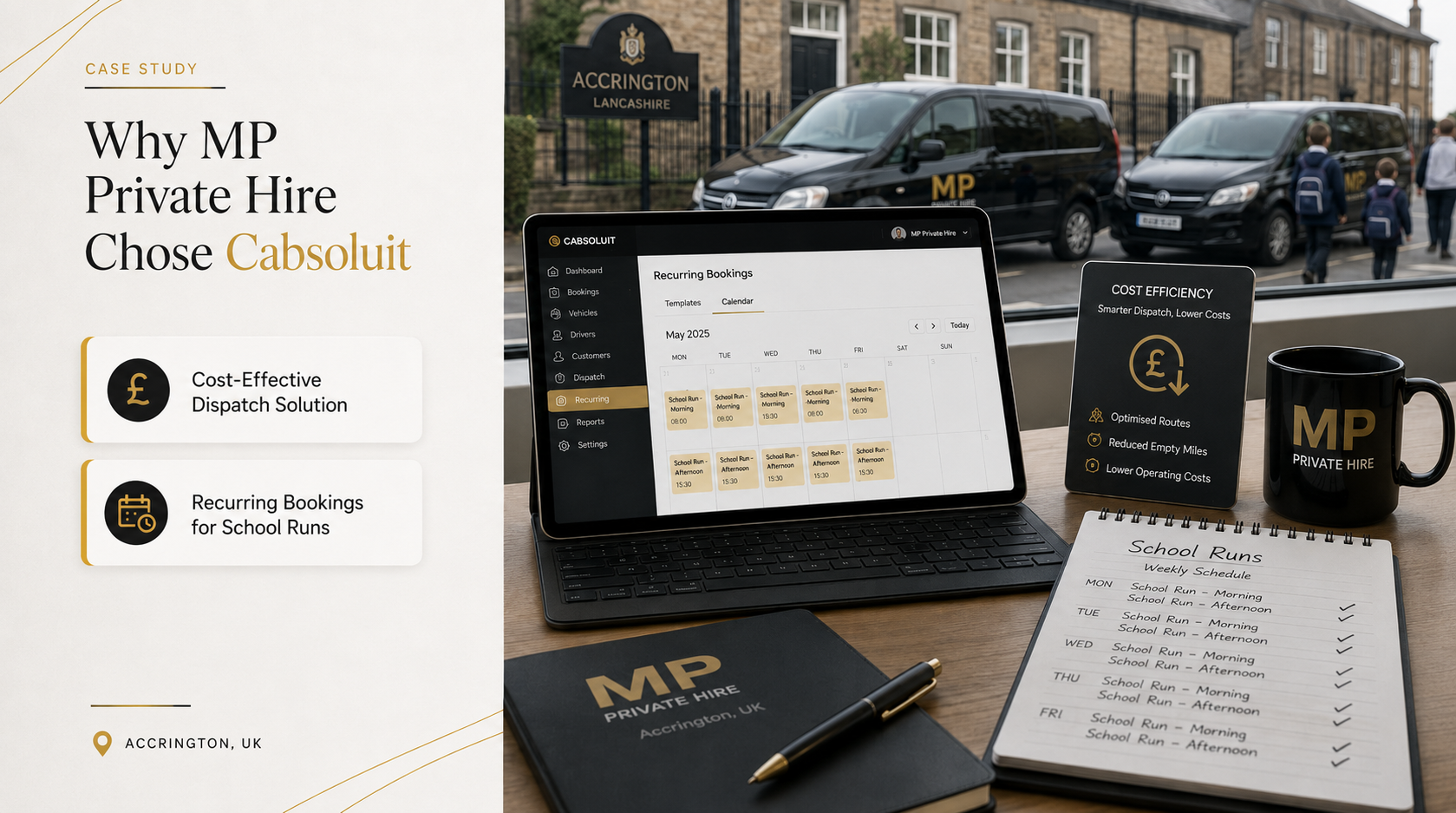 Cabsoluit recurring booking dashboard used by MP Private Hire to manage cost-effective school run dispatch in Accrington.