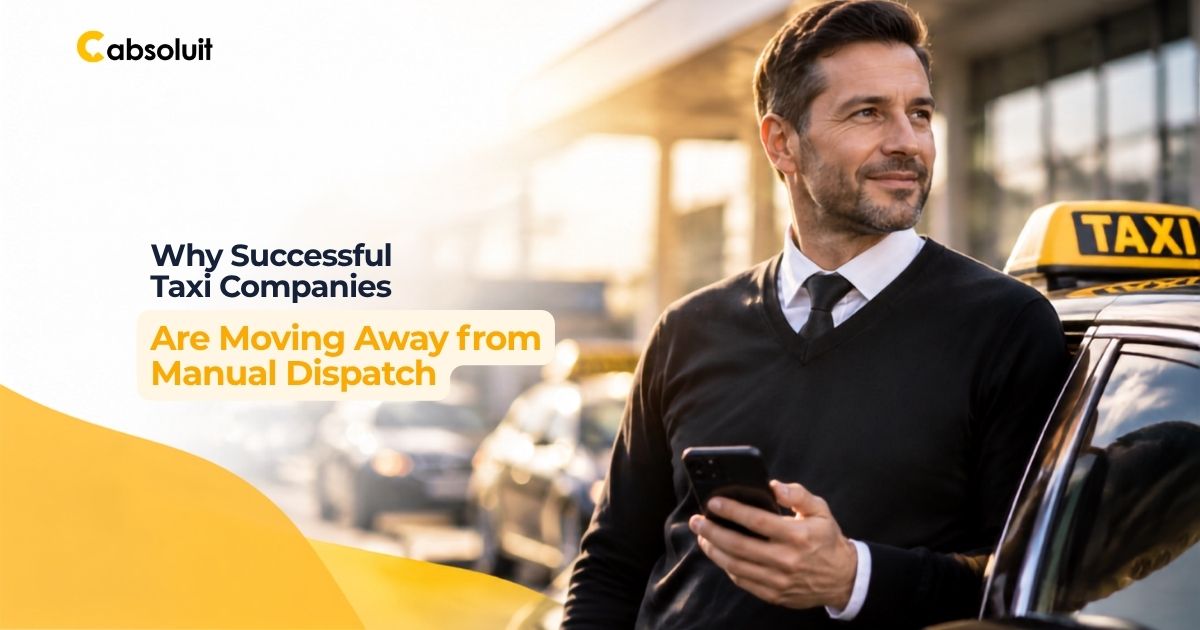 Taxi company owner using digital dispatch software to move away from manual taxi operations and improve fleet management