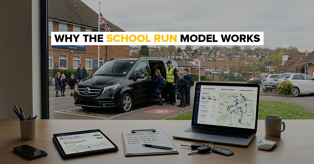 UK school run dispatch software on laptop showing active routes and vehicles with children boarding taxi outside school.